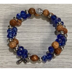 Silvertone Bracelet w/ Wooden Beads‎ & Blue Beads Cross Charm